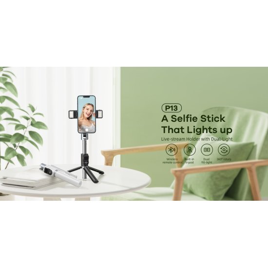 Remax Bluetooth Selfie Stick με Διπλό Ρυθμιζόμενο Φωτισμό και Ασύρματο Χειριστήριο P13