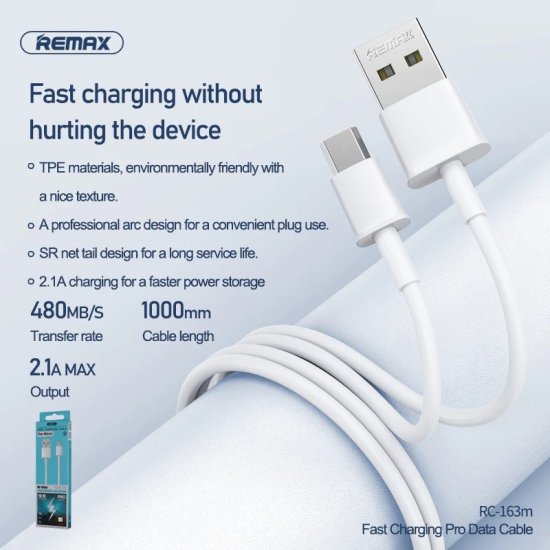 Remax RC-163m Data Cable 1m 2.1A MicroUSB/USB Λευκό